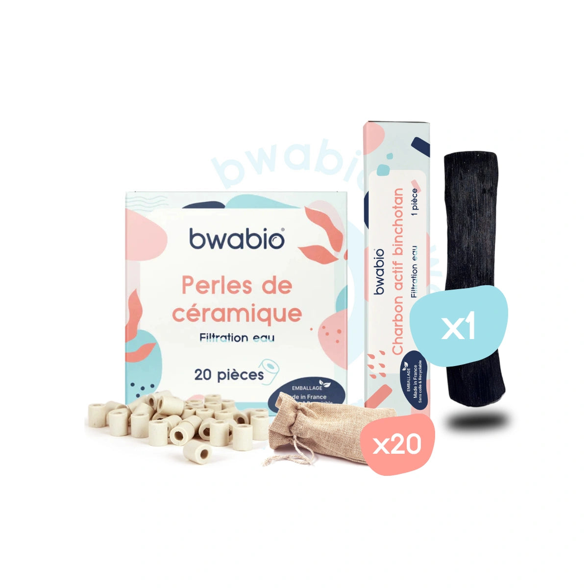 Pack contenant 20 perles céramiques ainsi qu'un charbon binchotan pour purifier votre eau 