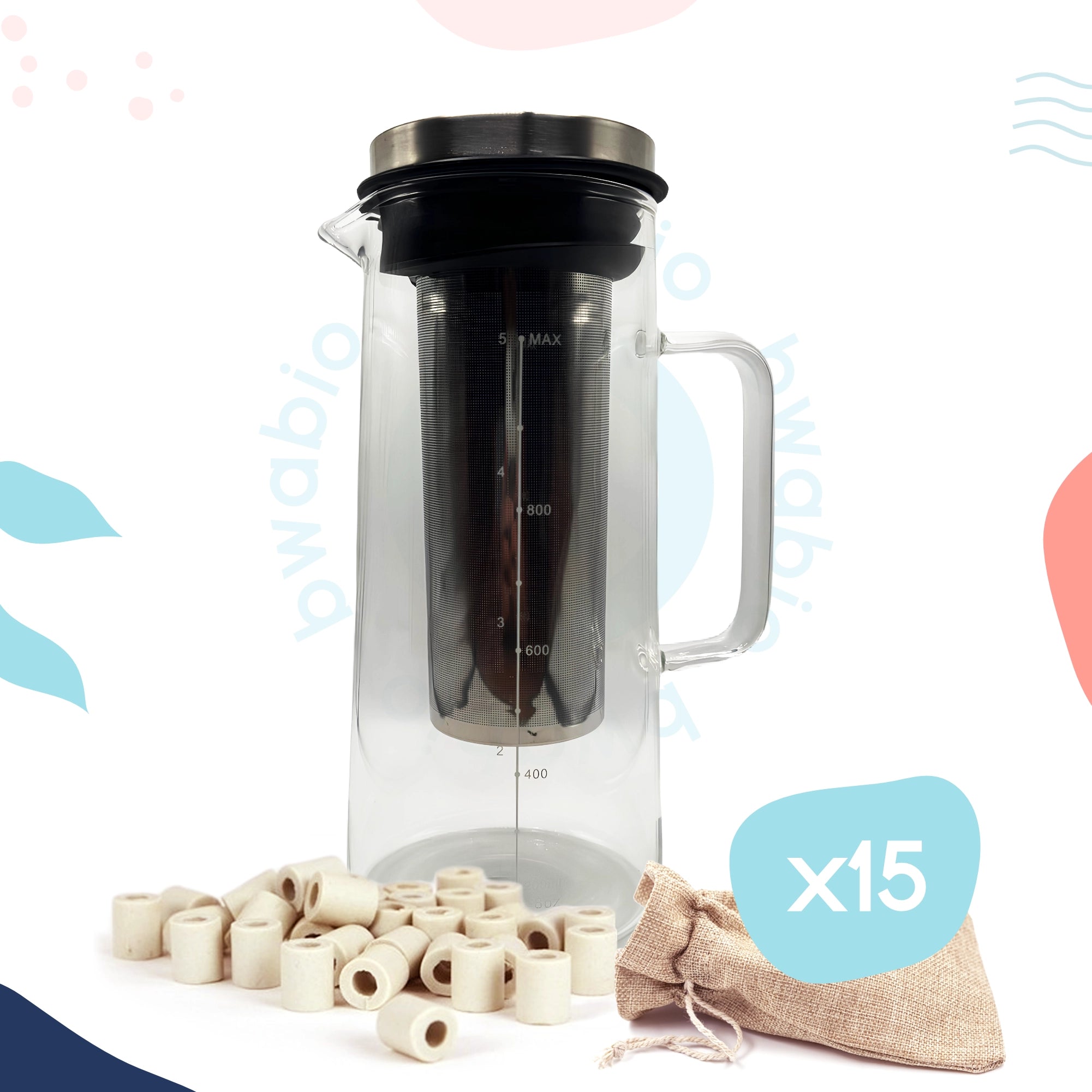 Carafe en verre + 15 perles de céramique Bwabio