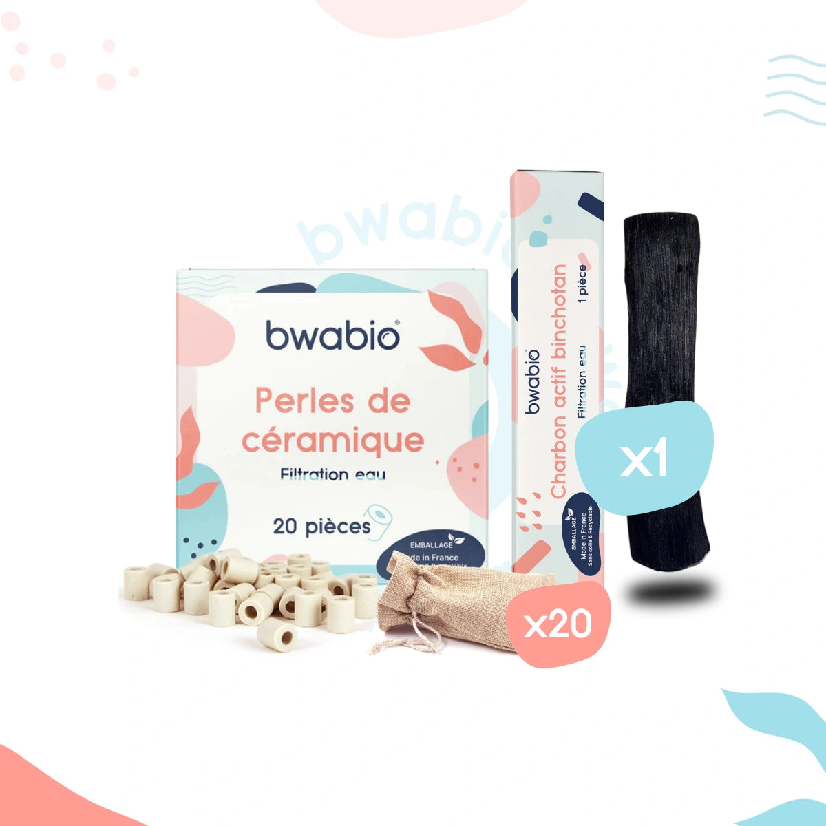 Pack contenant 20 perles céramiques ainsi qu'un charbon binchotan pour purifier votre eau 